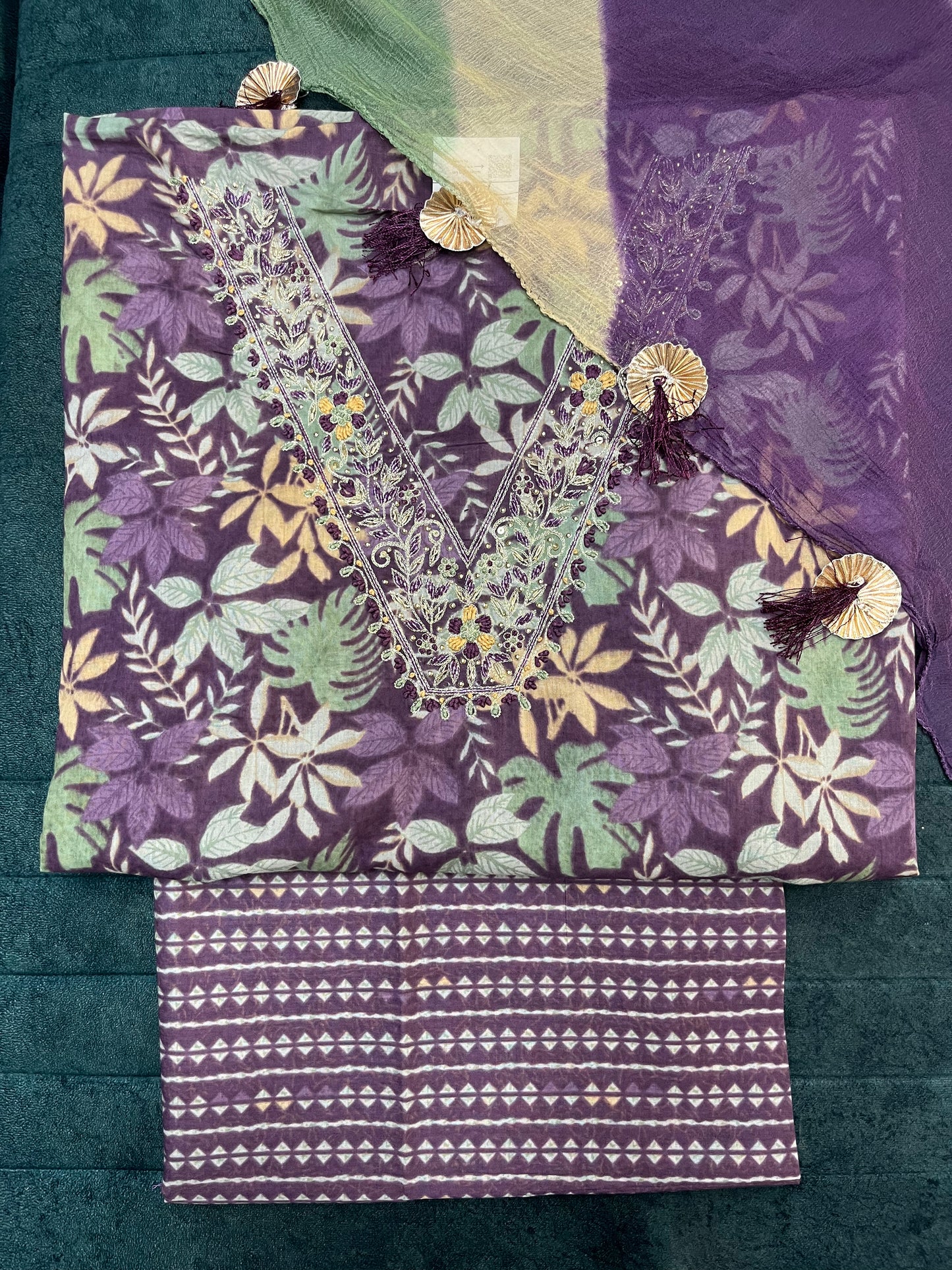 Purple Floral Print Cotton Unstitched Suit With Semi Pure Dupatta (US006)