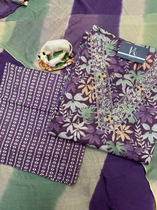 Purple Floral Print Cotton Unstitched Suit With Semi Pure Dupatta (US006)