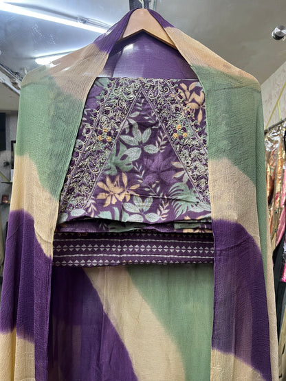 Purple Floral Print Cotton Unstitched Suit With Semi Pure Dupatta (US006)