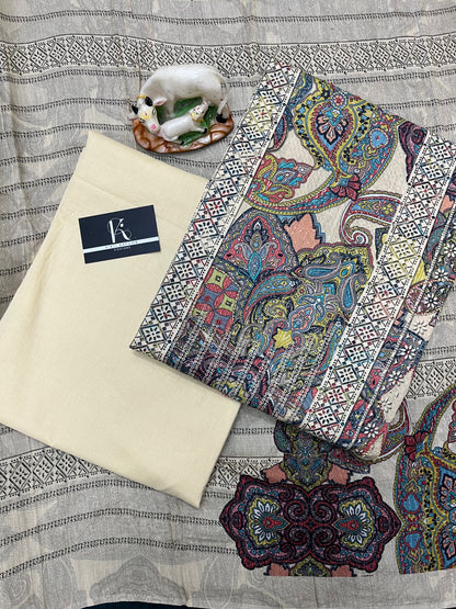 Beige Cotton Unstitched Suit With Muslin Dupatta (US007)
