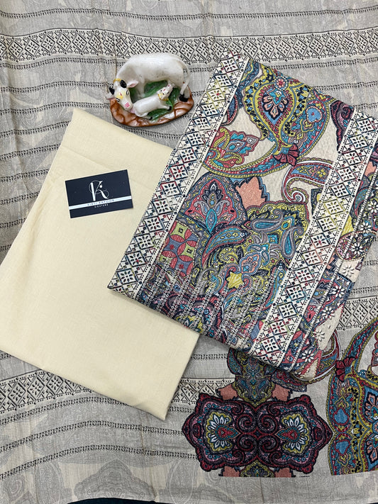 Beige Cotton Unstitched Suit With Muslin Dupatta (US007)