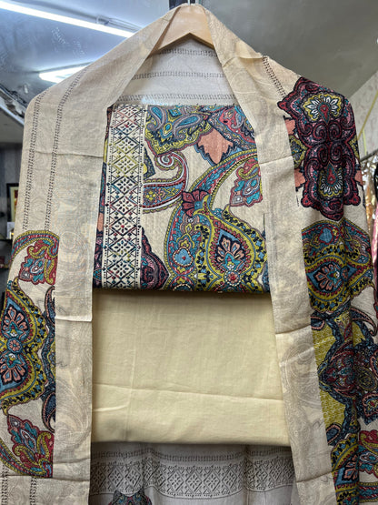 Beige Cotton Unstitched Suit With Muslin Dupatta (US007)