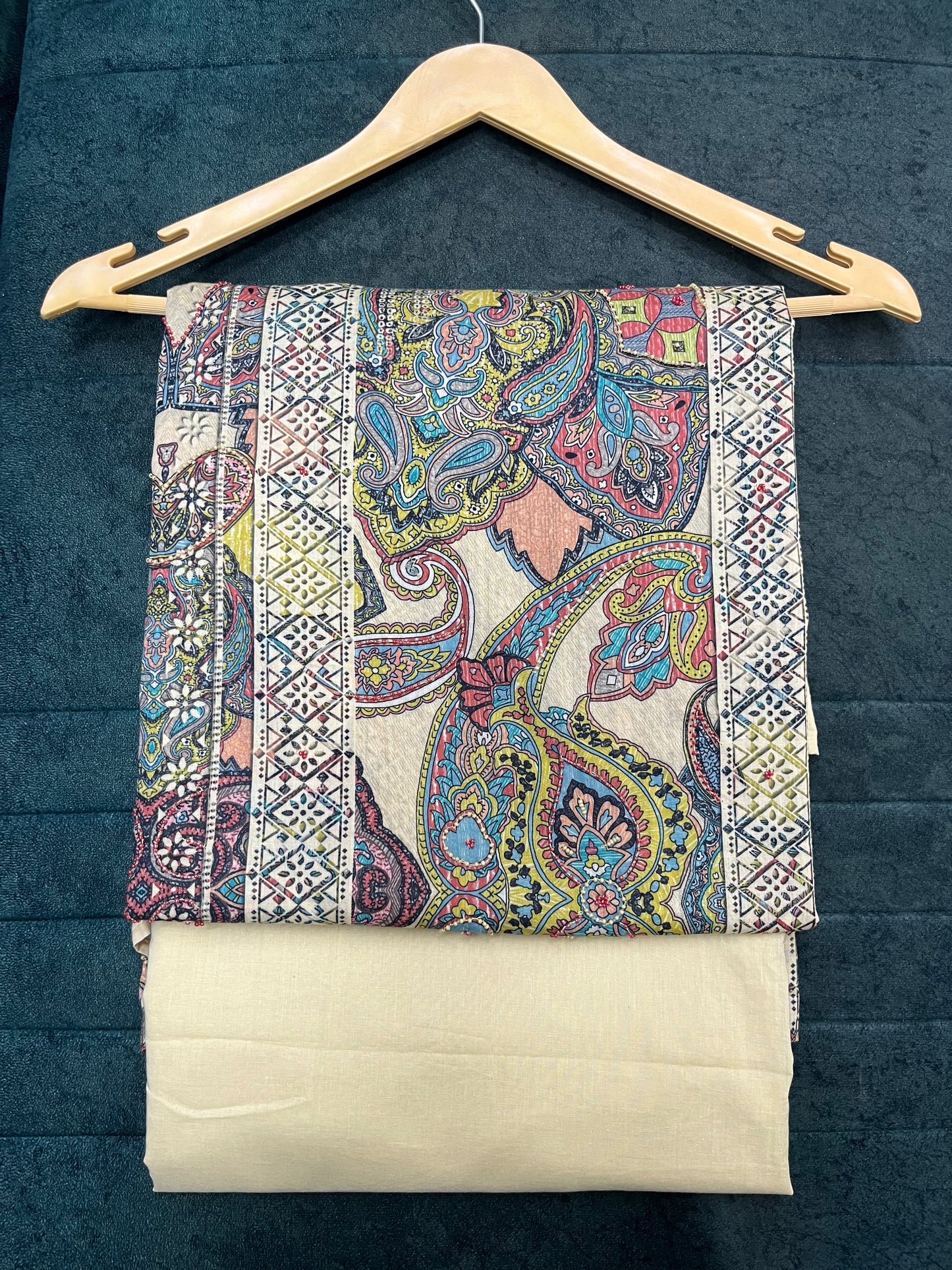 Beige Cotton Unstitched Suit With Muslin Dupatta (US007)