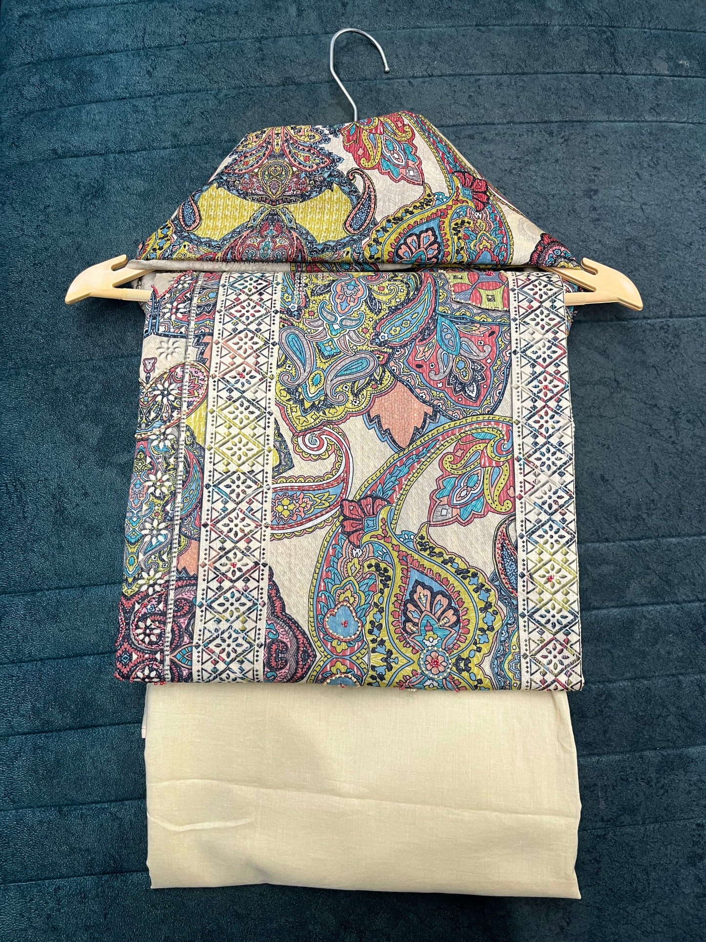 Beige Cotton Unstitched Suit With Muslin Dupatta (US007)