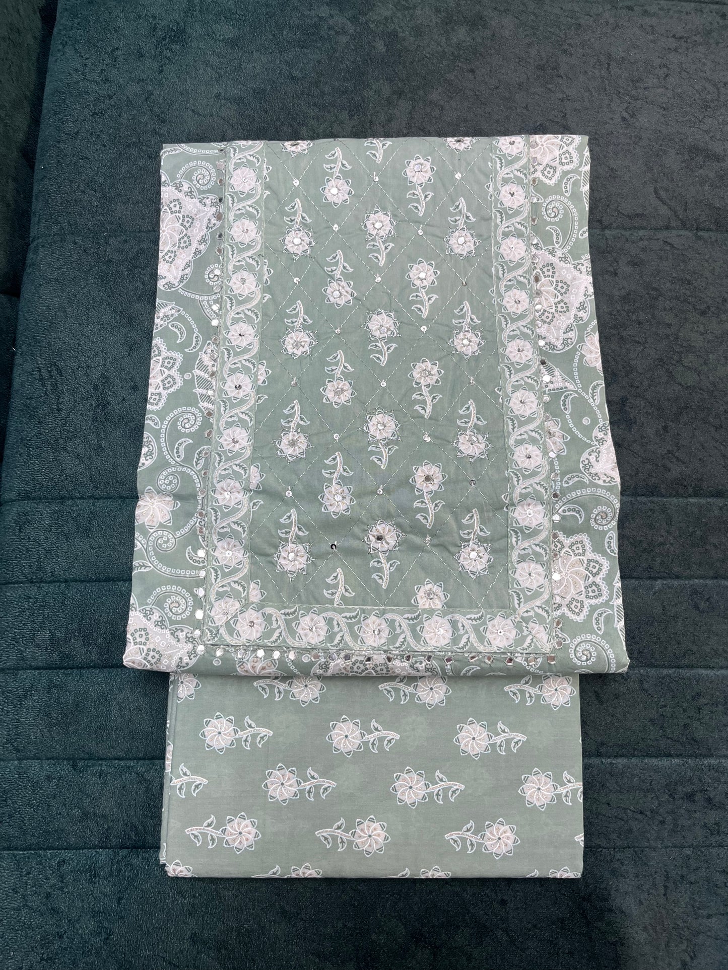Sea Green Floral Print Cotton Unstitched Salwar Suit Set With Dupatta (US008)
