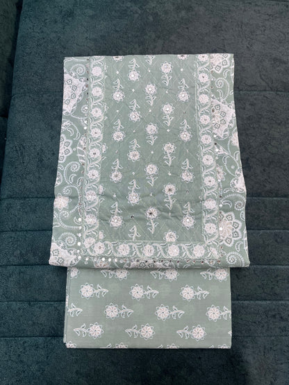 Sea Green Floral Print Cotton Unstitched Salwar Suit Set With Dupatta (US008)