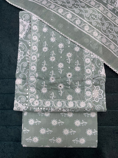 Sea Green Floral Print Cotton Unstitched Salwar Suit Set With Dupatta (US008)