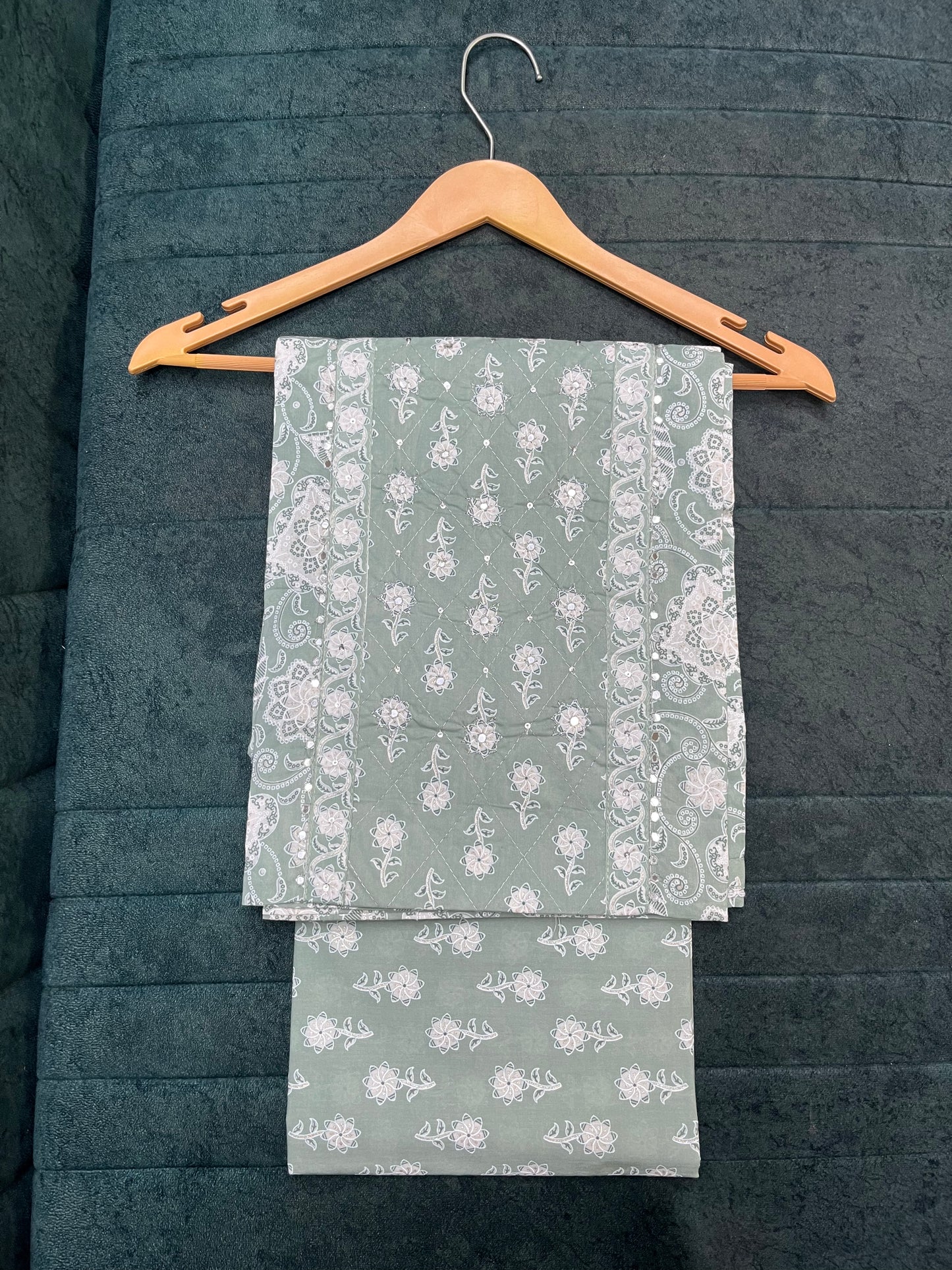 Sea Green Floral Print Cotton Unstitched Salwar Suit Set With Dupatta (US008)