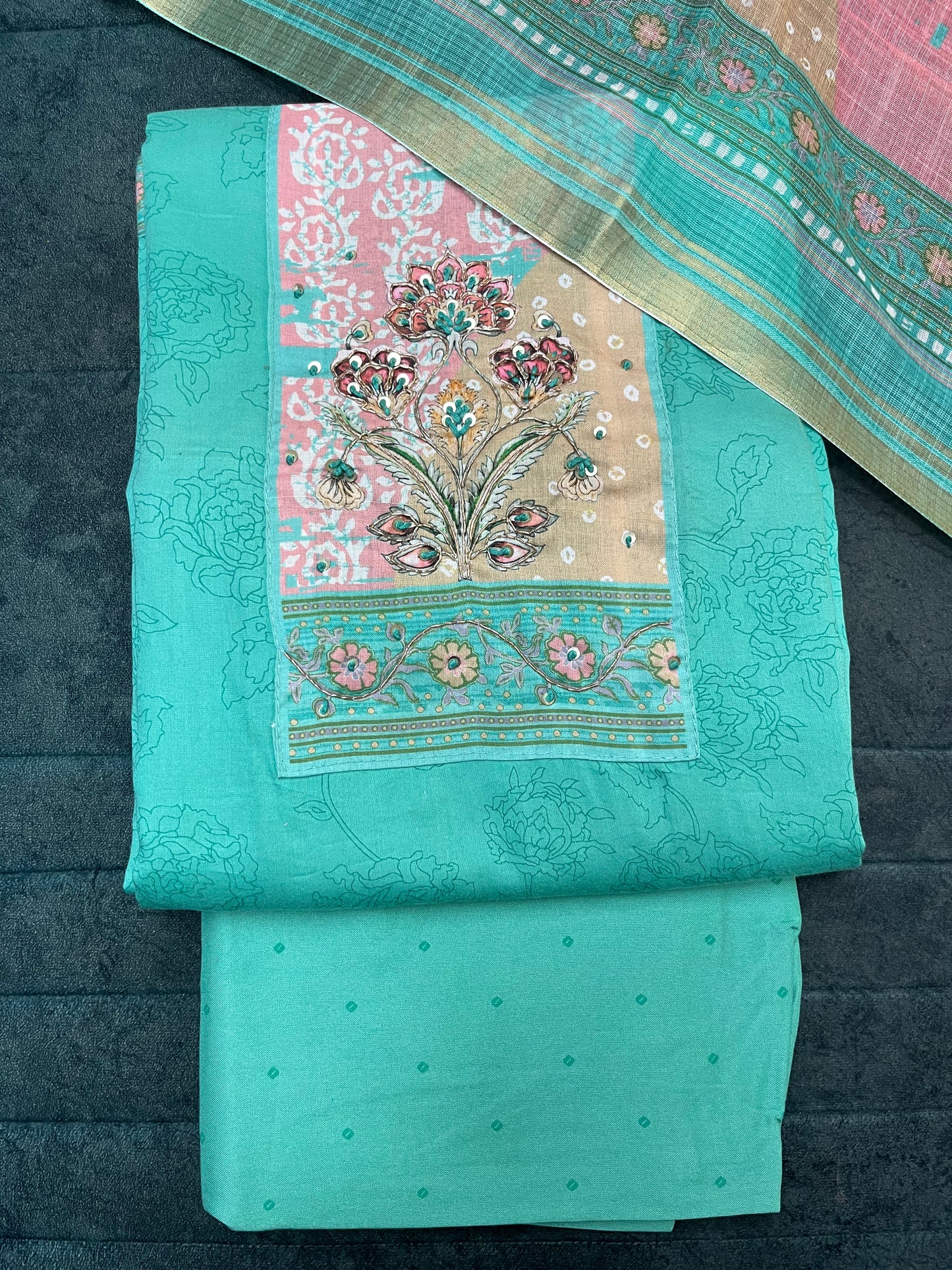 Cyan Blue Cotton Unstitched Suit With Dupatta for Women (US010)
