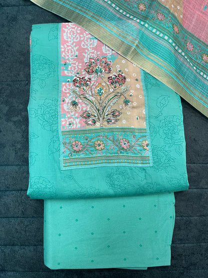 Cyan Blue Cotton Unstitched Suit With Dupatta for Women (US010)