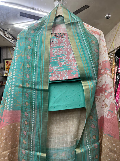 Cyan Blue Cotton Unstitched Suit With Dupatta for Women (US010)