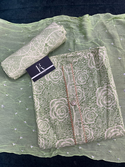 Light Green Cotton Unstitched Suit Material With Dupatta (US011)