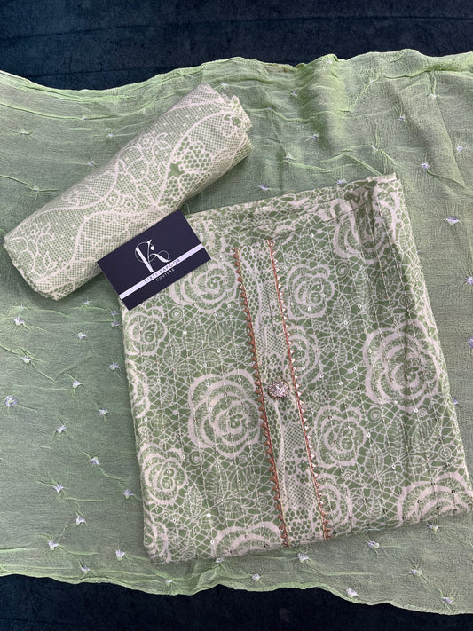 Light Green Cotton Unstitched Suit Material With Dupatta (US011)