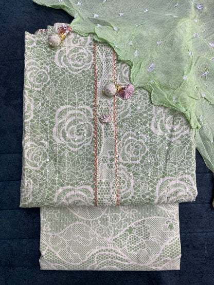 Light Green Cotton Unstitched Suit Material With Dupatta (US011)
