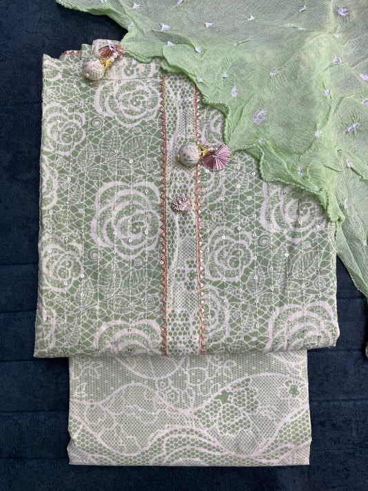 Light Green Cotton Unstitched Suit Material With Dupatta (US011)