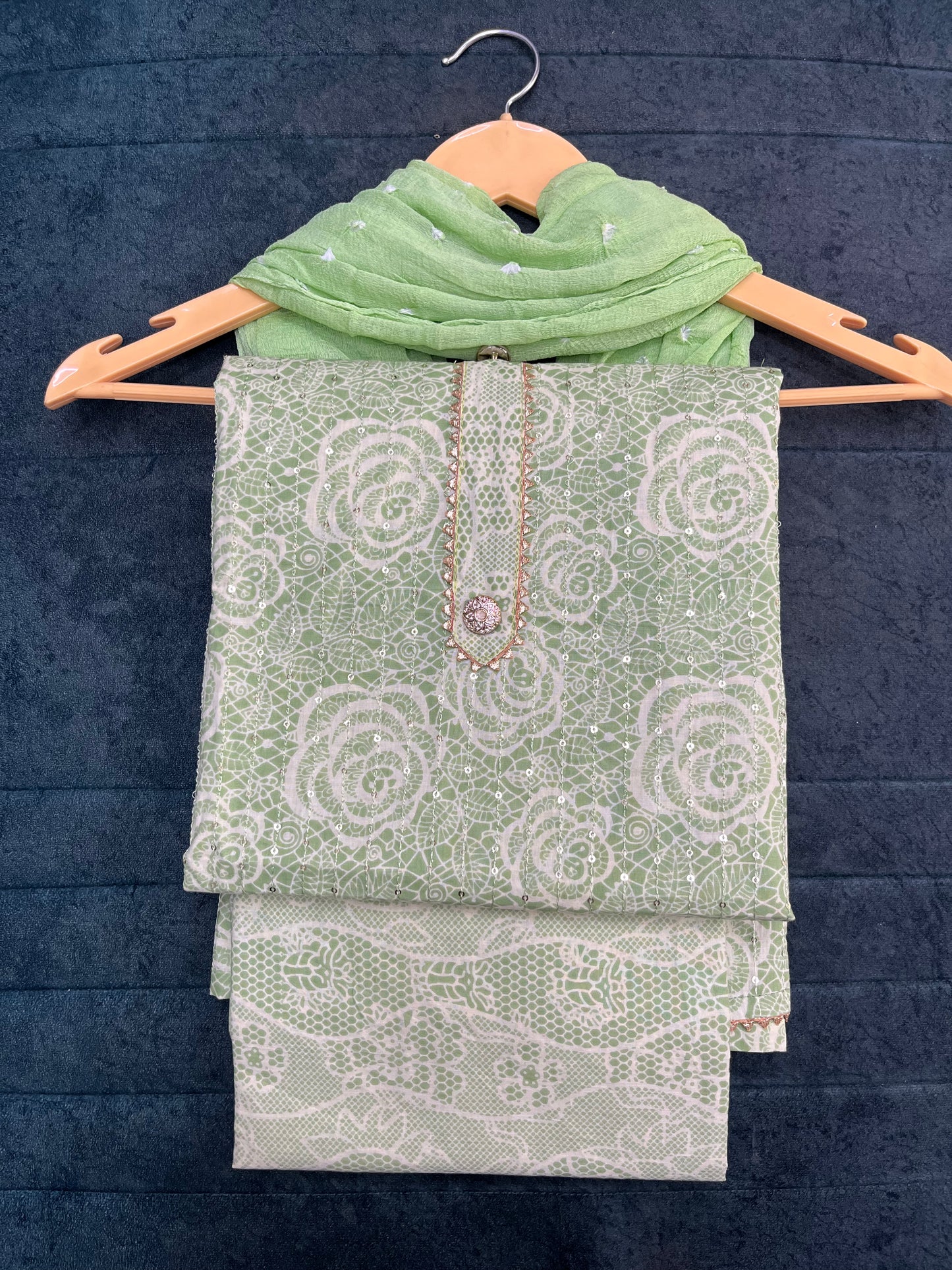 Light Green Cotton Unstitched Suit Material With Dupatta (US011)