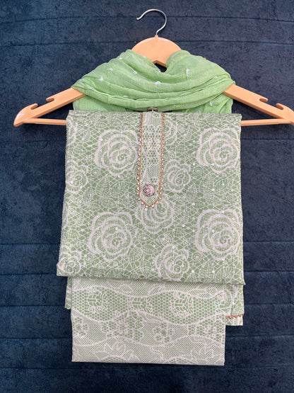 Light Green Cotton Unstitched Suit Material With Dupatta (US011)