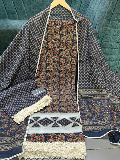 Navy Blue Cotton Unstitched Suit Material With Dupatta (US015)