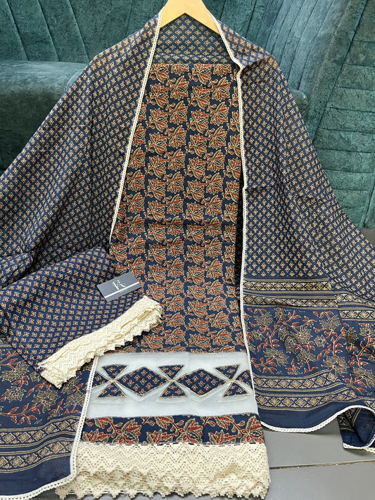 Navy Blue Cotton Unstitched Suit Material With Dupatta (US015)