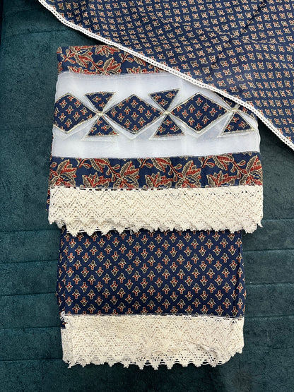 Navy Blue Cotton Unstitched Suit Material With Dupatta (US015)