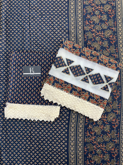 Navy Blue Cotton Unstitched Suit Material With Dupatta (US015)
