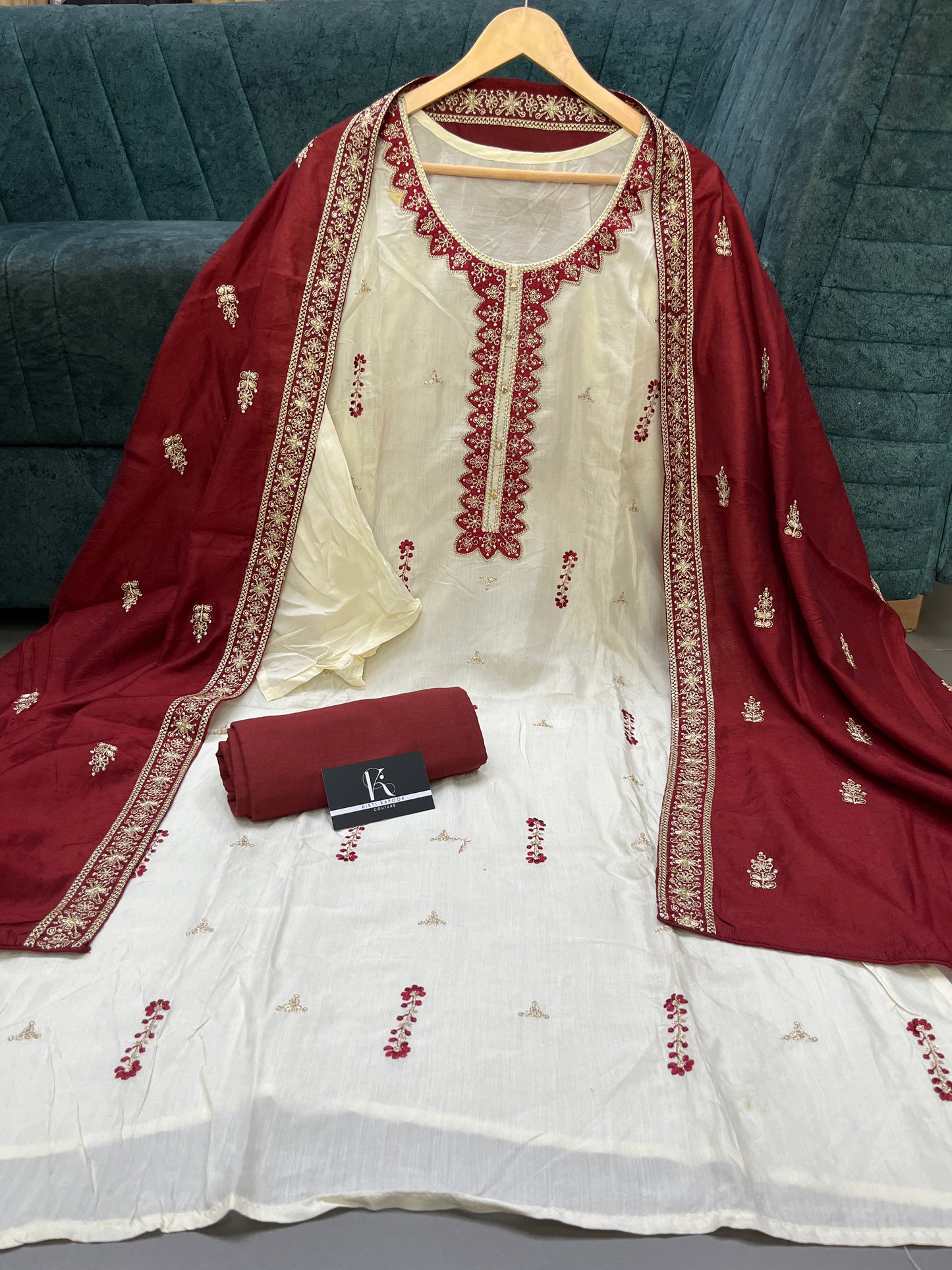 Cream Red Unstitched Suit Material With Dupatta (US016)