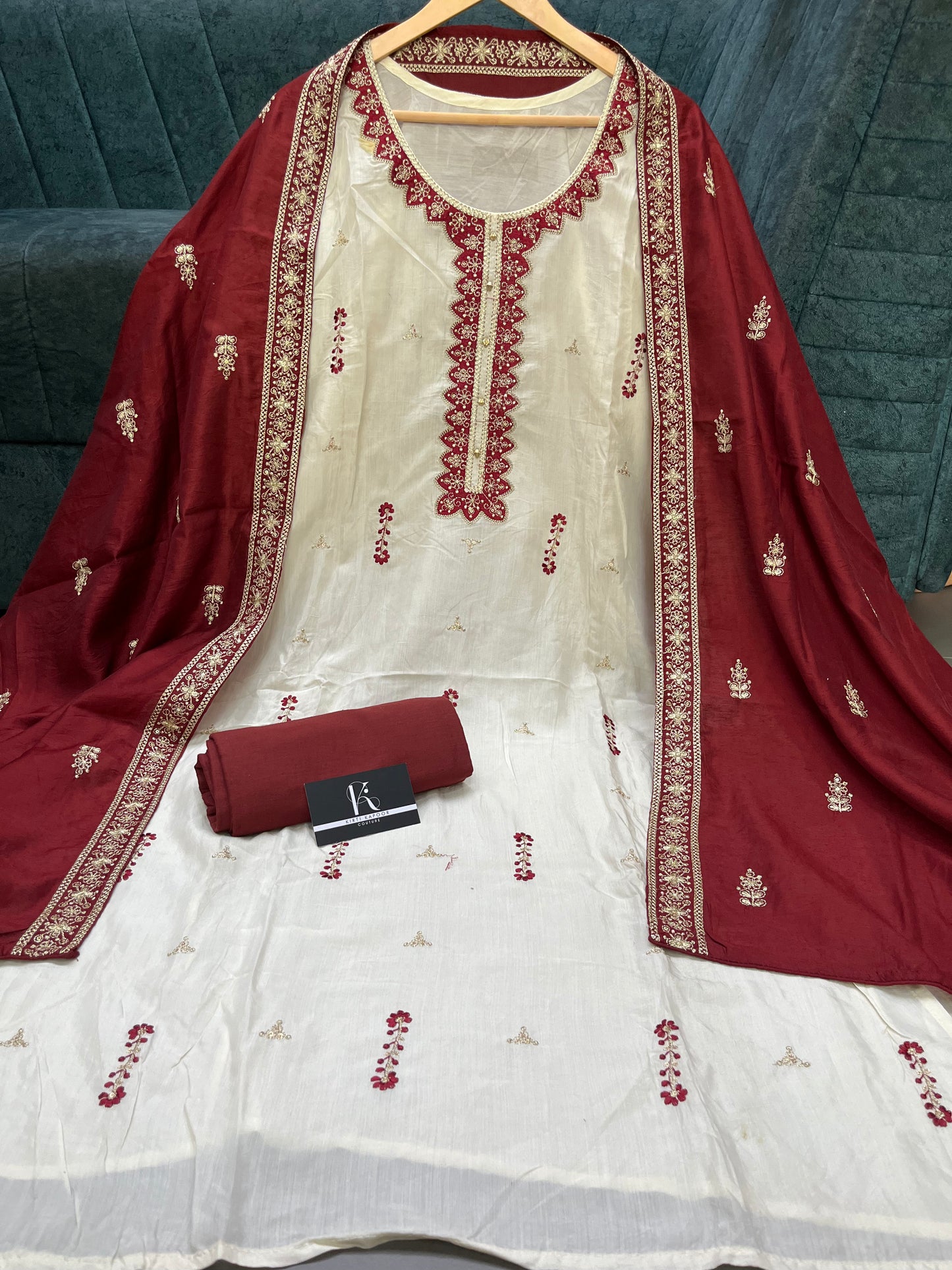 Cream Red Unstitched Suit Material With Dupatta (US016)