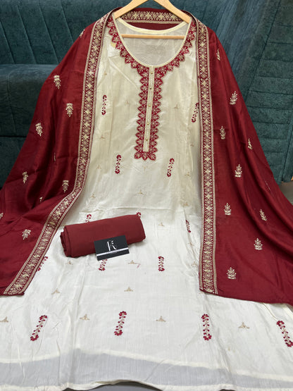 Cream Red Unstitched Suit Material With Dupatta (US016)