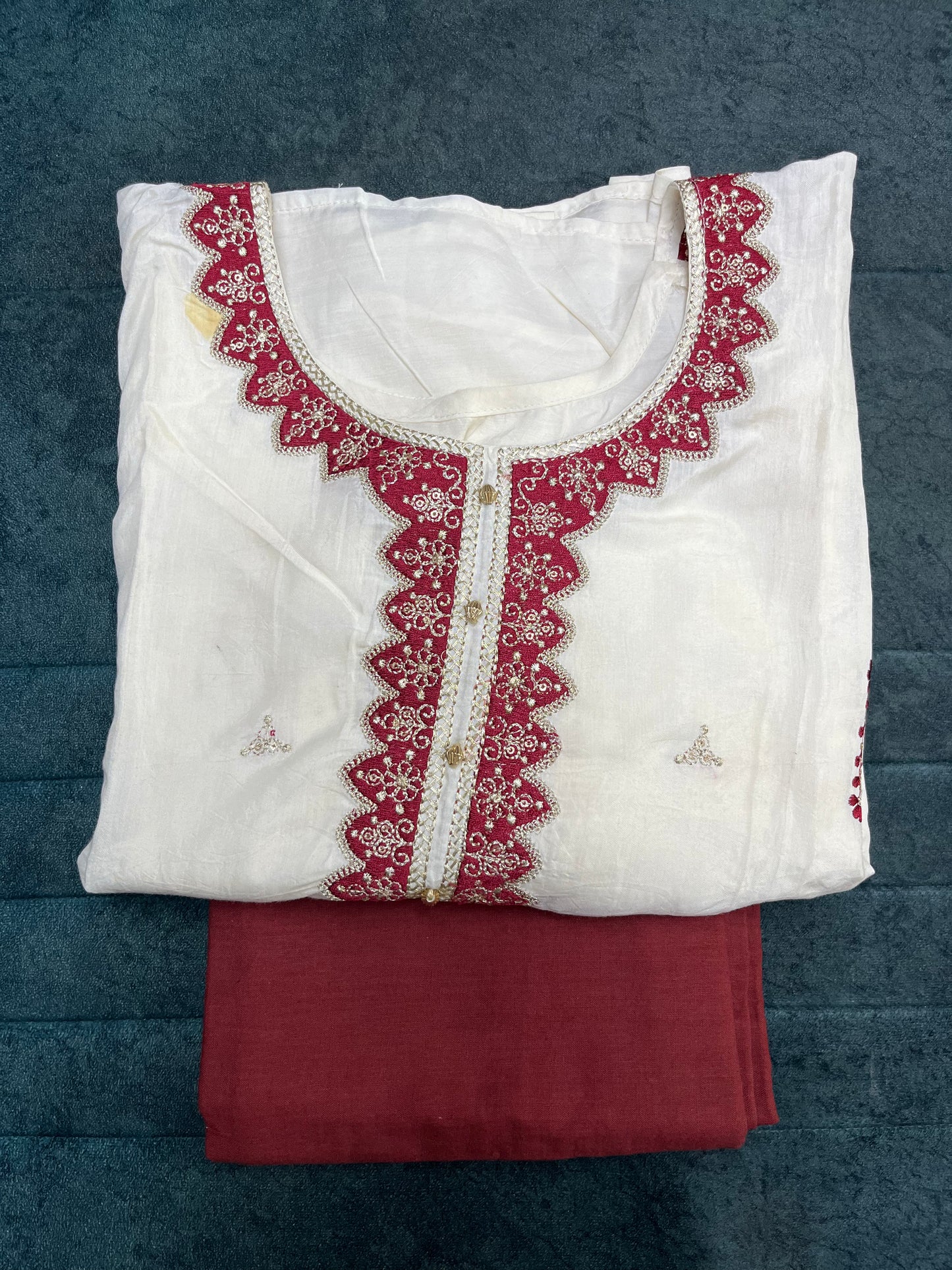 Cream Red Unstitched Suit Material With Dupatta (US016)