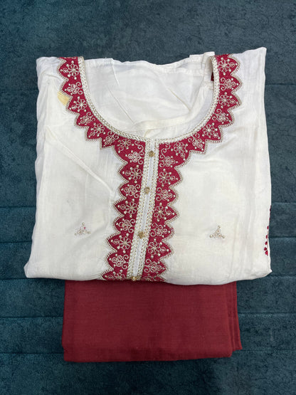 Cream Red Unstitched Suit Material With Dupatta (US016)