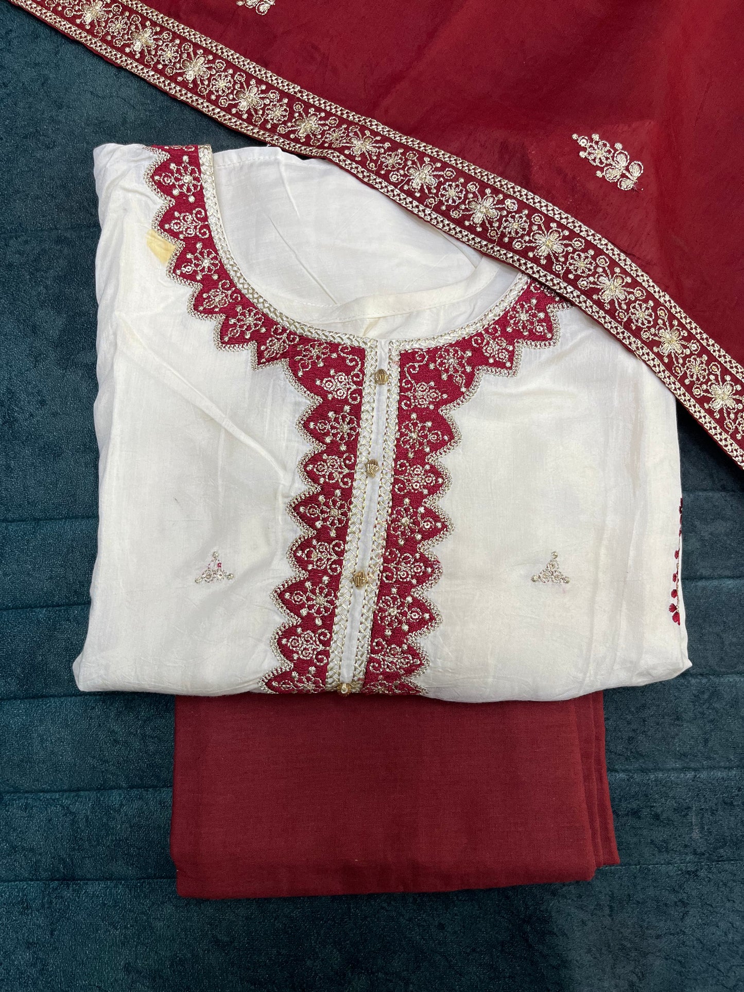 Cream Red Unstitched Suit Material With Dupatta (US016)