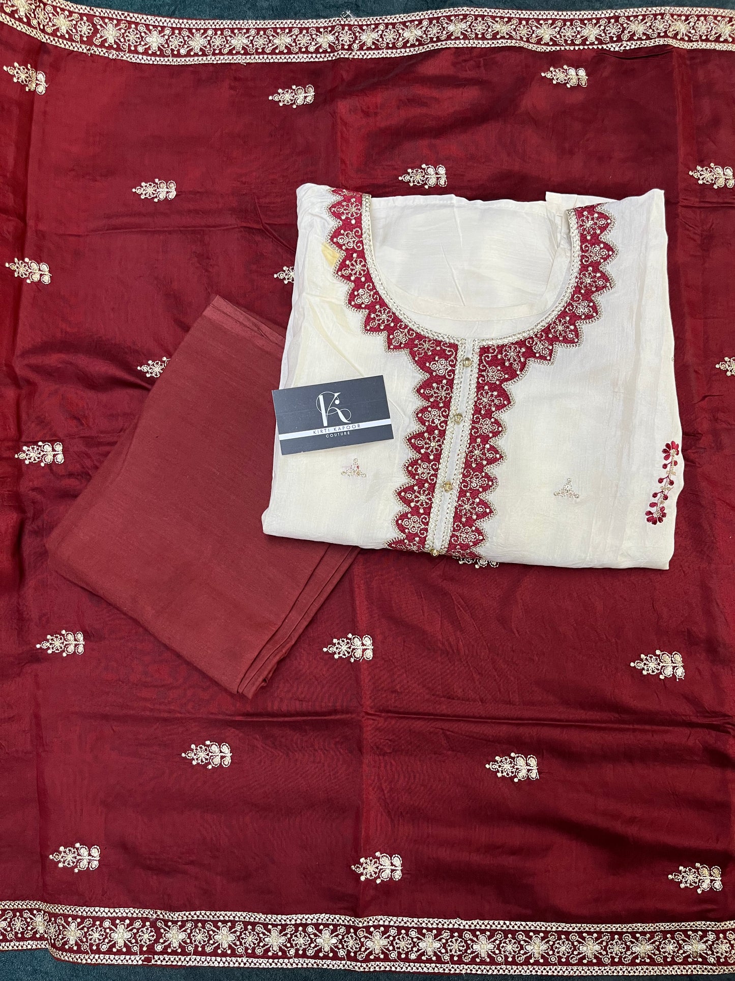 Cream Red Unstitched Suit Material With Dupatta (US016)