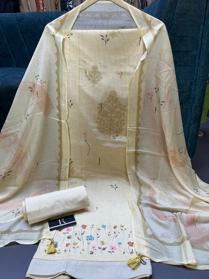 Cream Cotton Unstitched Suit Material (US017)