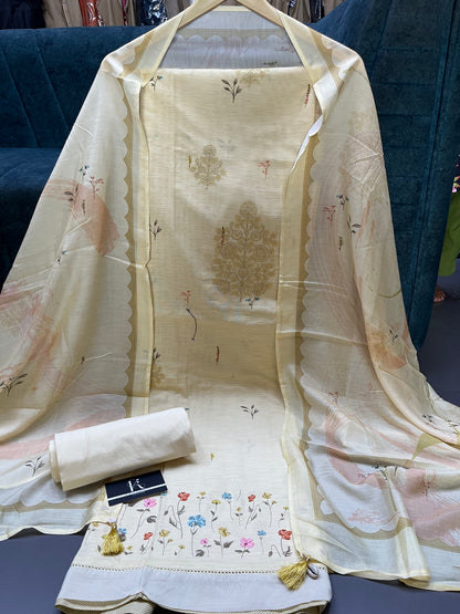 Cream Cotton Unstitched Suit Material (US017)