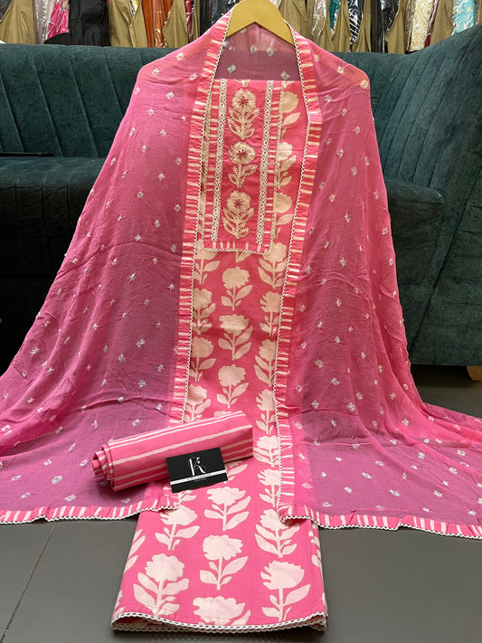 Pink Floral Print Cotton Unstitched Suit Set With Chiffon Dupatta (US018)