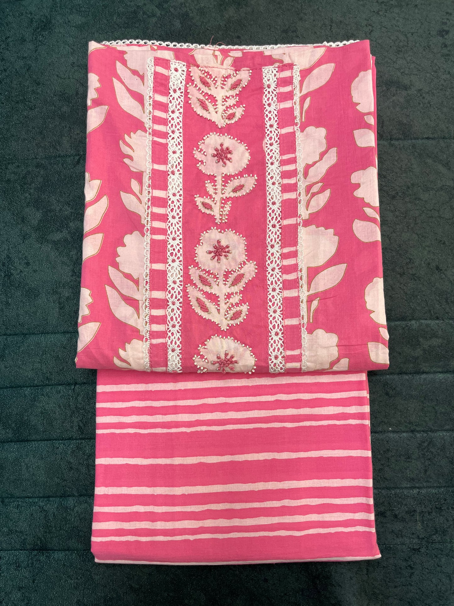 Pink Floral Print Cotton Unstitched Suit Set With Chiffon Dupatta (US018)