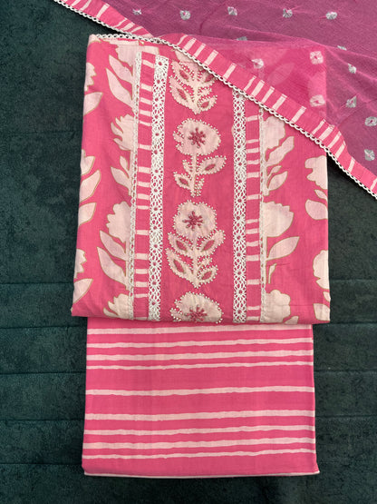 Pink Floral Print Cotton Unstitched Suit Set With Chiffon Dupatta (US018)