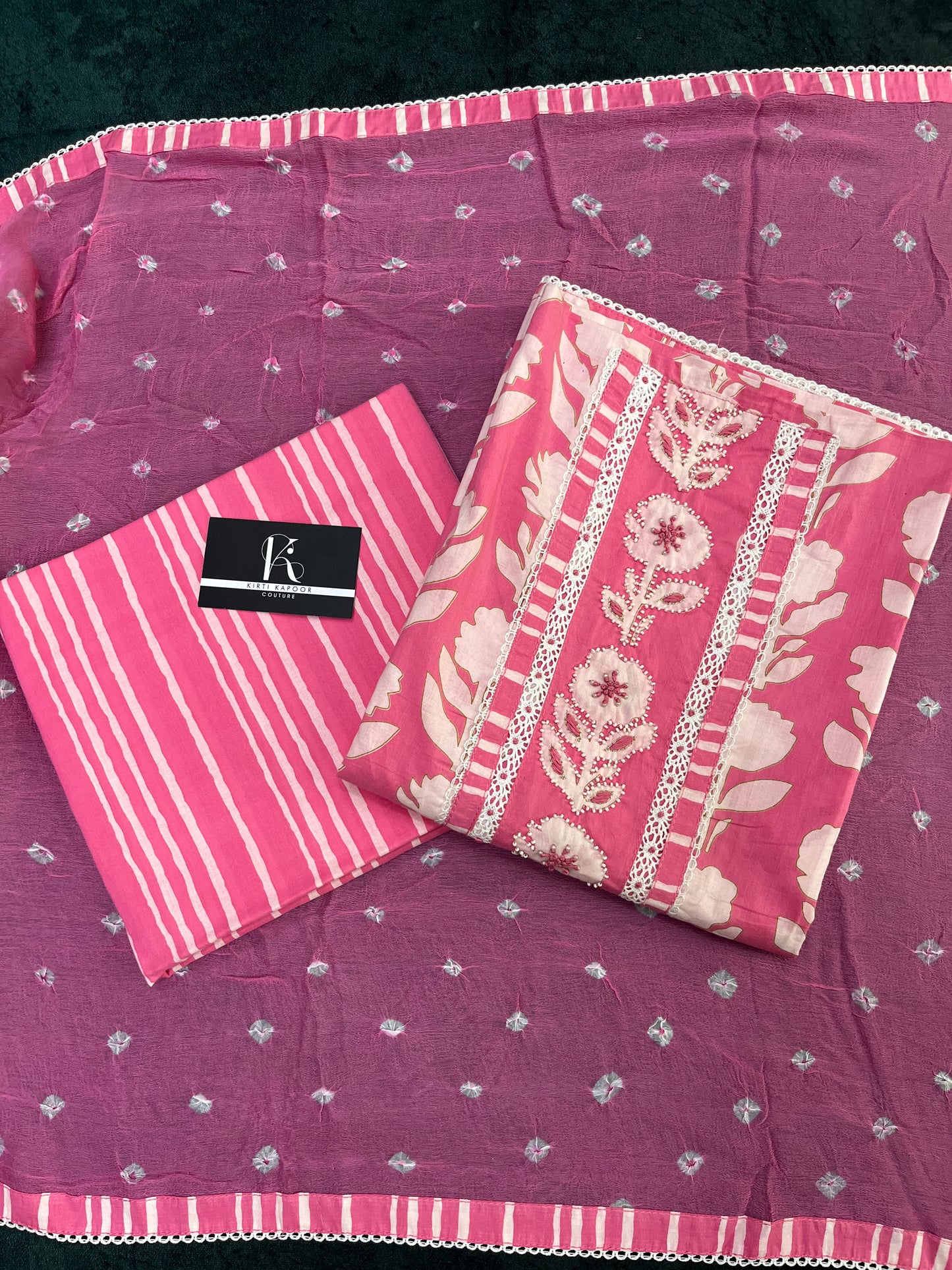 Pink Floral Print Cotton Unstitched Suit Set With Chiffon Dupatta (US018)