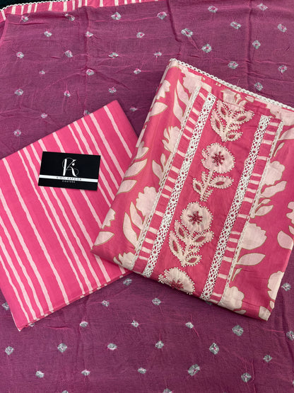 Pink Floral Print Cotton Unstitched Suit Set With Chiffon Dupatta (US018)