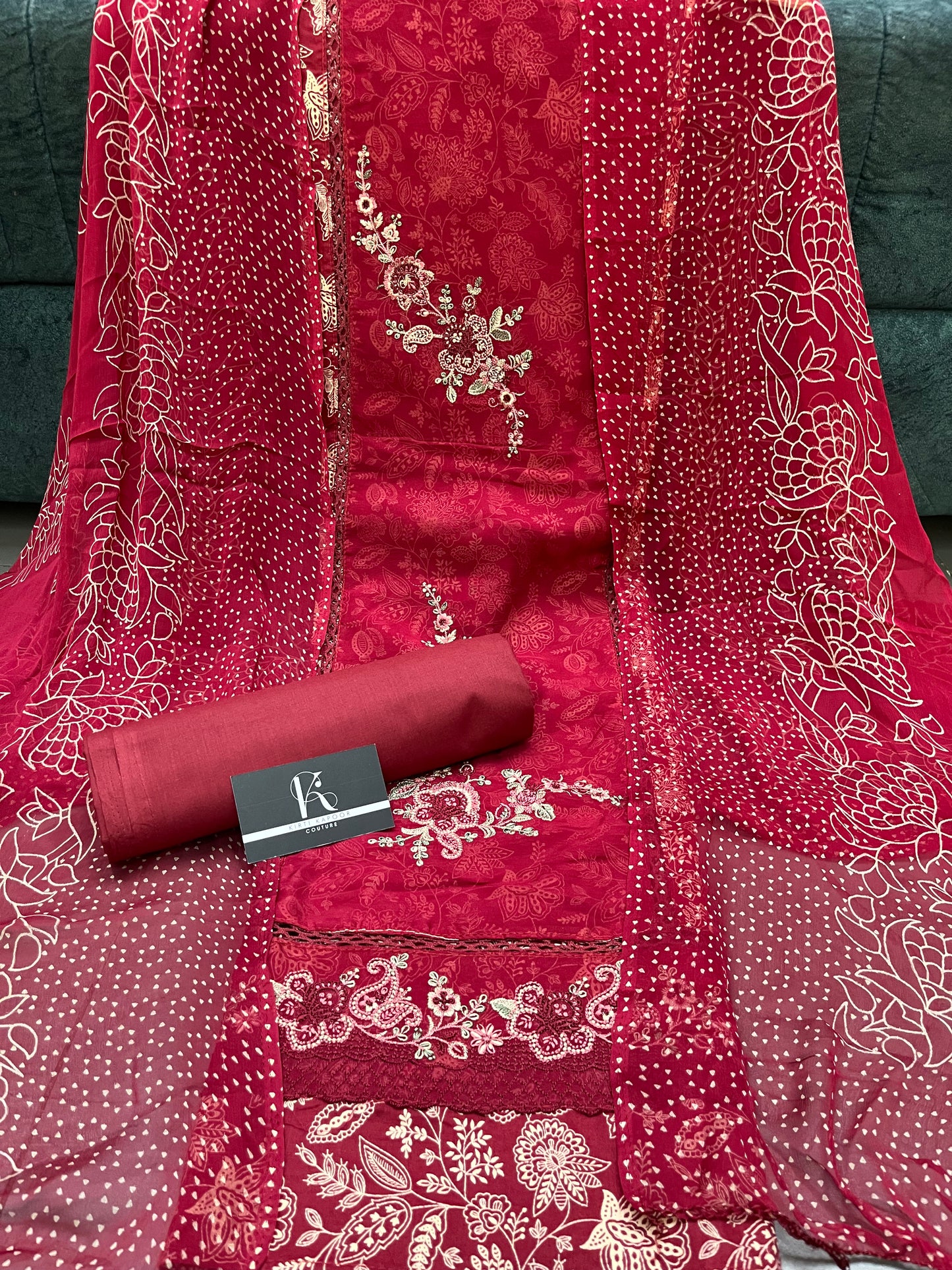 Red Cotton Unstitched Suit Material With Chiffon Dupatta (US019)