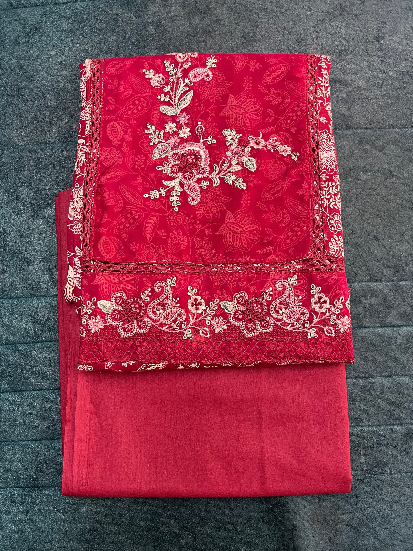 Red Cotton Unstitched Suit Material With Chiffon Dupatta (US019)