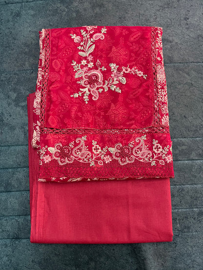 Red Cotton Unstitched Suit Material With Chiffon Dupatta (US019)