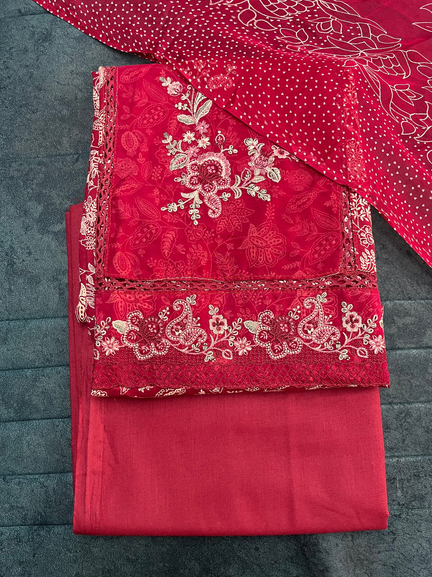 Red Cotton Unstitched Suit Material With Chiffon Dupatta (US019)