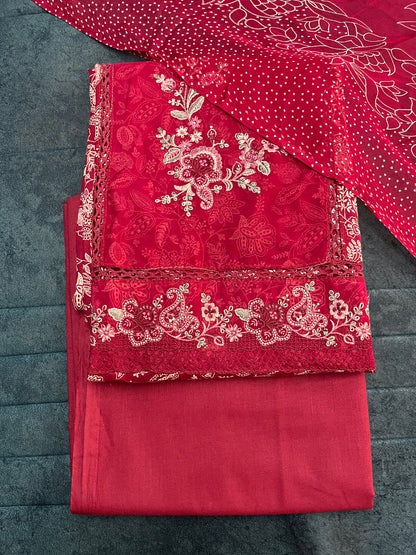 Red Cotton Unstitched Suit Material With Chiffon Dupatta (US019)