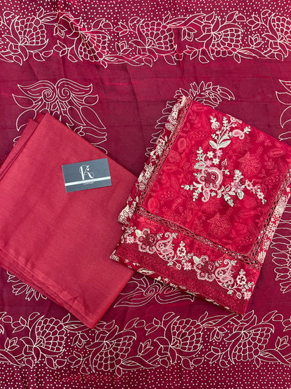 Red Cotton Unstitched Suit Material With Chiffon Dupatta (US019)