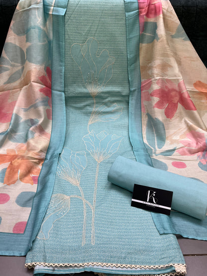 Sky Blue Cotton Unstitched Suit Material With Mull Cotton Dupatta (US020)