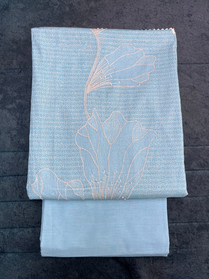 Sky Blue Cotton Unstitched Suit Material With Mull Cotton Dupatta (US020)