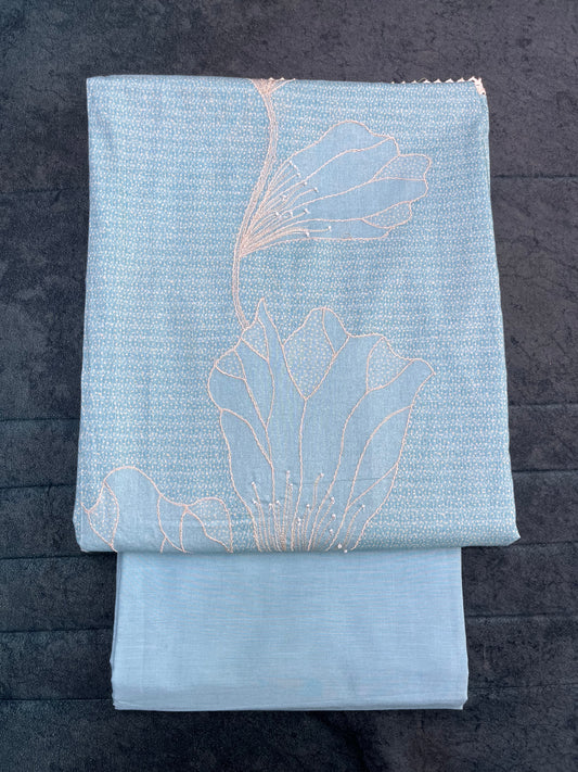 Sky Blue Cotton Unstitched Suit Material With Mull Cotton Dupatta (US020)