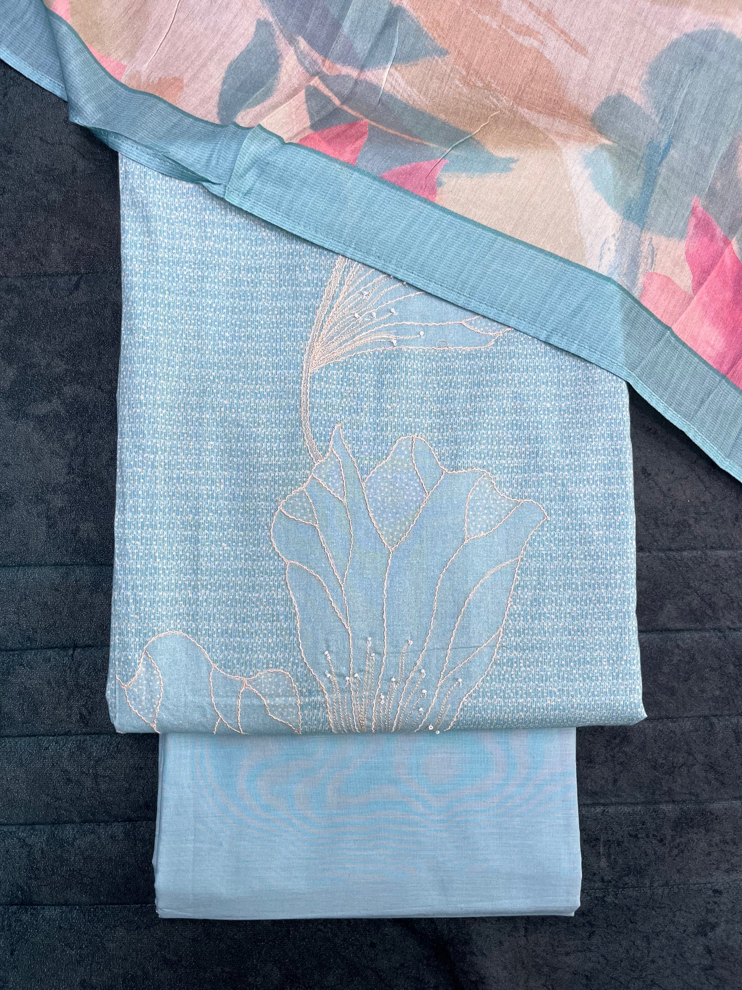 Sky Blue Cotton Unstitched Suit Material With Mull Cotton Dupatta (US020)