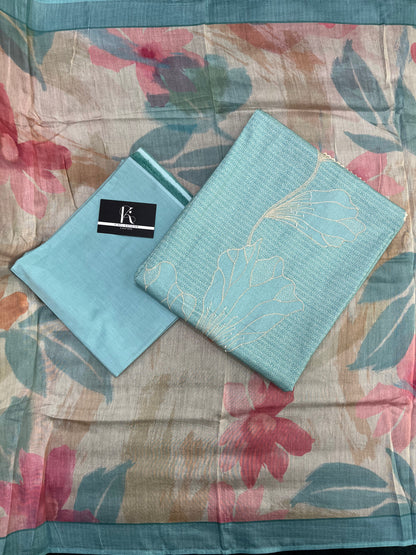 Sky Blue Cotton Unstitched Suit Material With Mull Cotton Dupatta (US020)